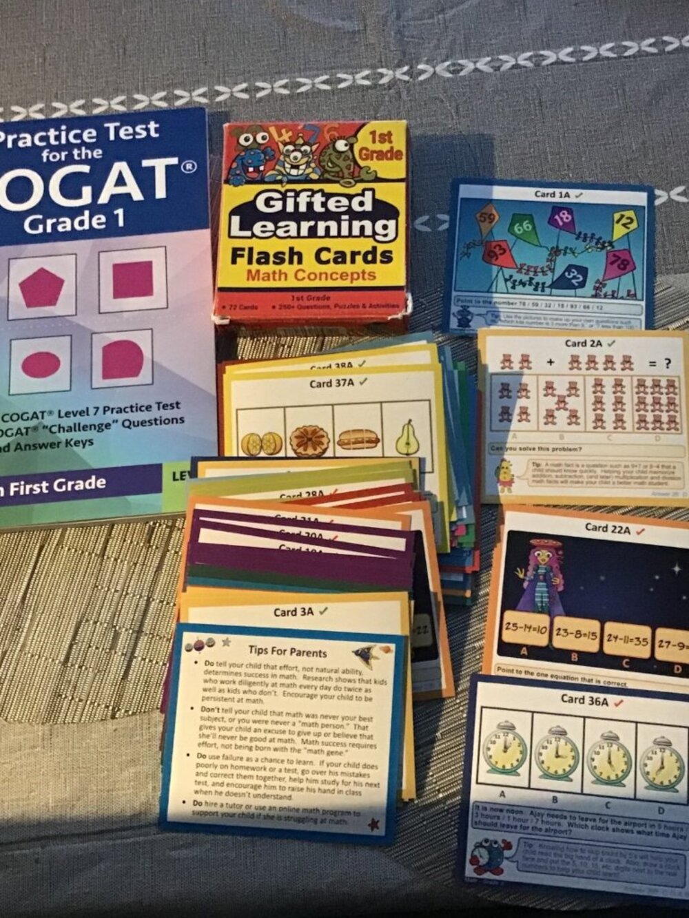 Lot of 2 Grade 1 Gifted materials:COGAT Test Practice Bk & Math Concepts Cards